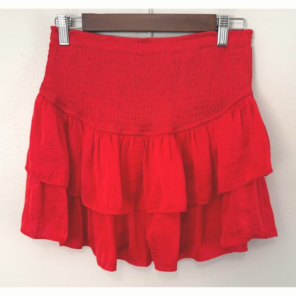 Entro Women's Red Smocked High Waisted Tiered Ruffle Mini Skirt Size Large
